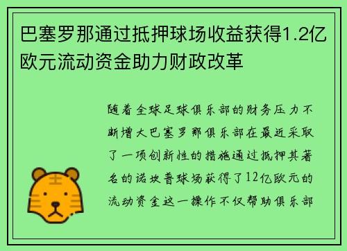 巴塞罗那通过抵押球场收益获得1.2亿欧元流动资金助力财政改革