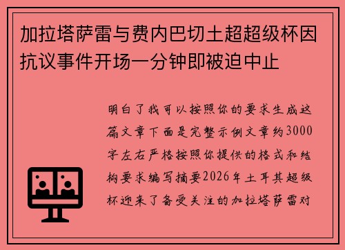 加拉塔萨雷与费内巴切土超超级杯因抗议事件开场一分钟即被迫中止